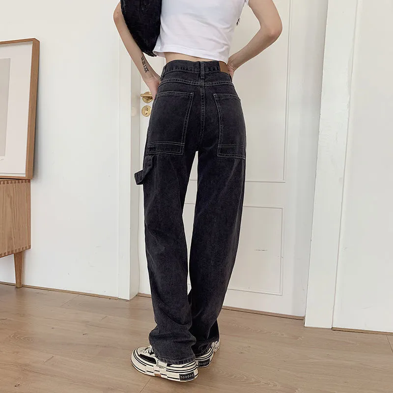 Mode coréenne femme jean ample décontracté jambe droite taille haute jean femme Streetwear printemps et automne pantalon 210302