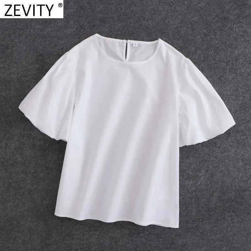 Zevenity Vrouwen Simpel Effen Kleur Casual White Smock Blouse Dames Chic Puff Sleeve Poplin Femininas Shirts Blusas Tops LS9338 210603