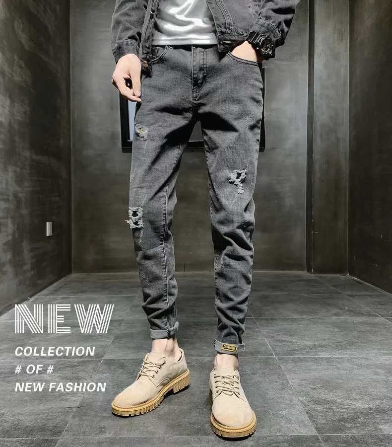 Commercio all'ingrosso 2020 moda hip hop street cargo grigio scuro lavato cotone non stirato strappato jeans skinny da uomo a vita media homen X0621