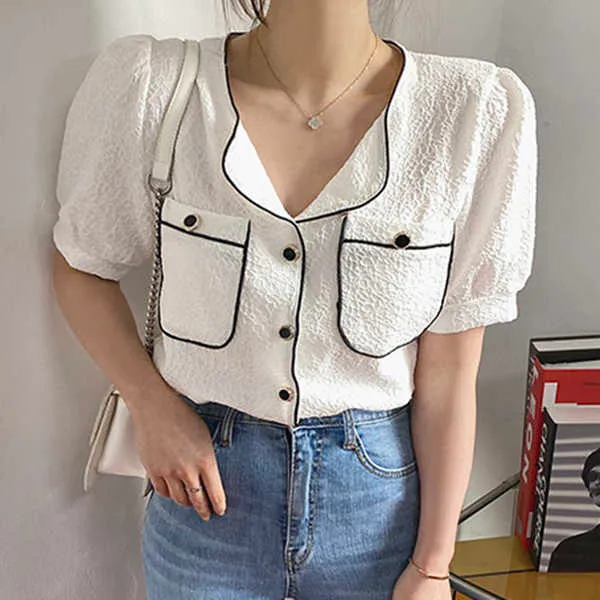 Korejpaa Women Shirt Summer Korean Chic All-Match Design Round Neck Trim Contrast Button Double Pocket Puff Sleeve Blouses 210526