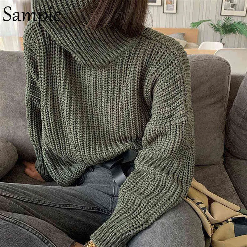 Sampic mode automne femmes à manches longues col roulé pull tricoté pull court kaki décontracté tricots pulls pull hauts Y1110