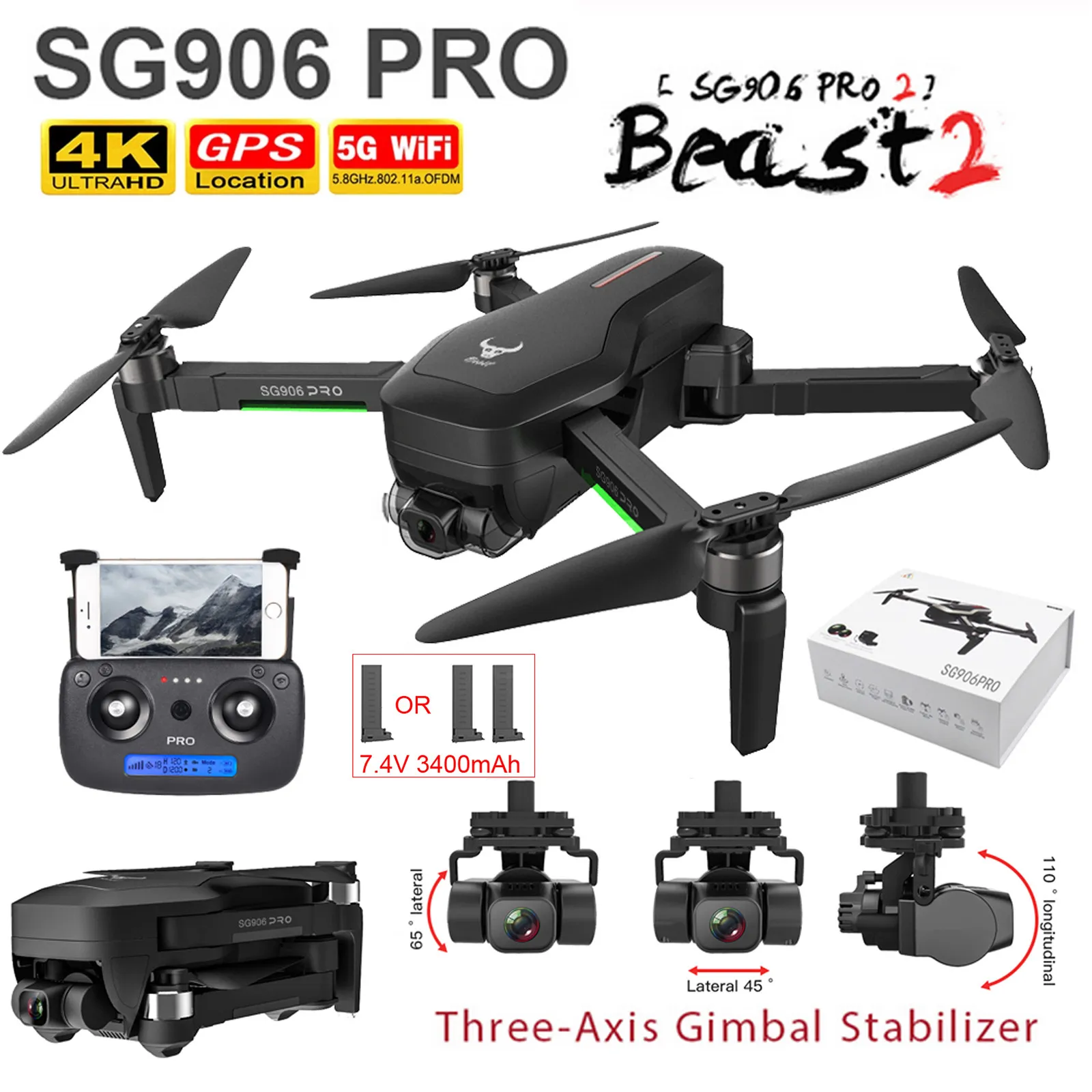 2020 SG906 Pro 2 Drone con FPV a 3 assi Gimbal 4K Fotocamera pieghevole Wifi GPS RC Drone Quadcopter volo 1.2KM