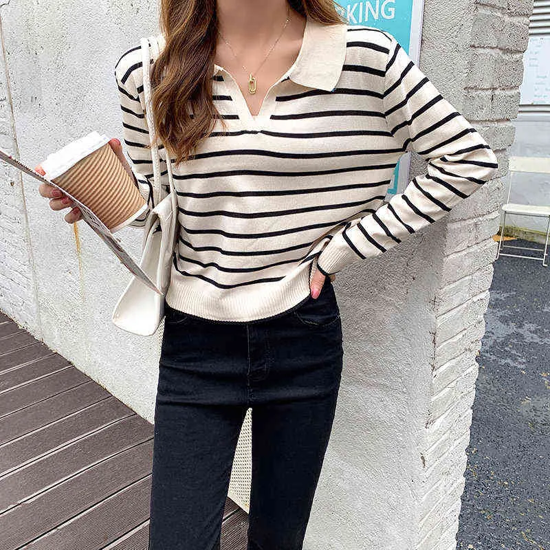 Women Long Sleeve striped polo collar Sweater Female Elegant Spring Autumn Casual Tops Korean Style thin Knitted Chic pullovers 211103