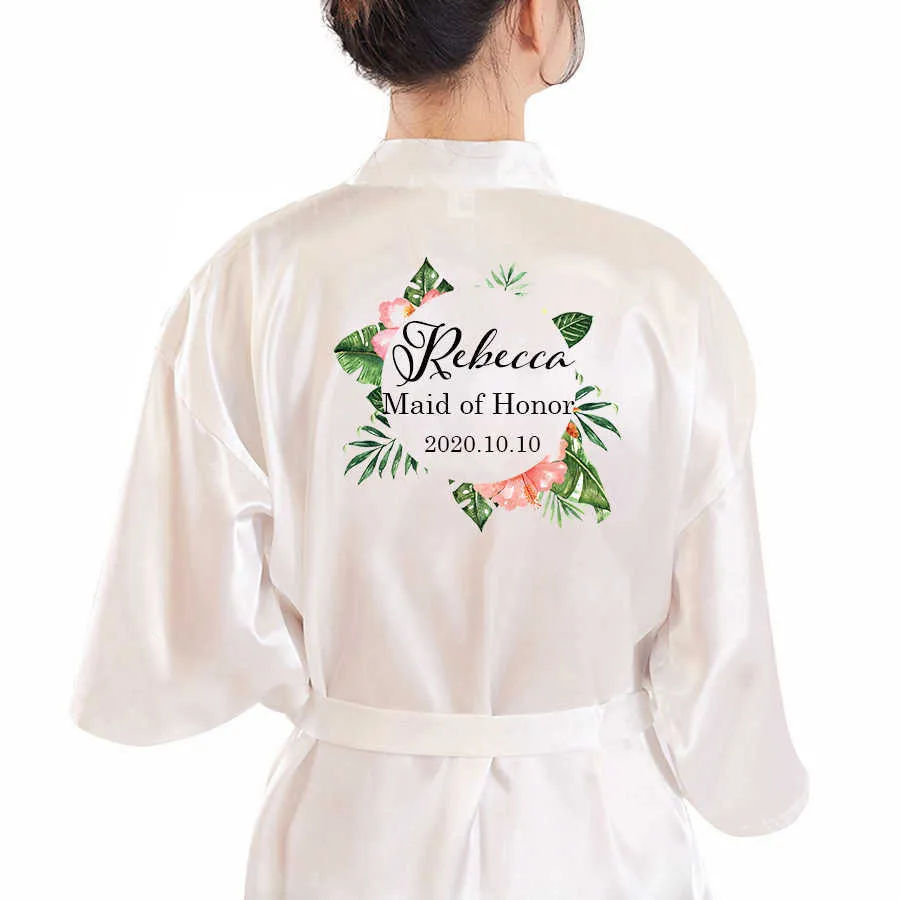 Custom Wedding Matron of Honor Robe Maid Bride Bridesmaid Flower Print Women Silk Satin Kimono Bathrobe 210924