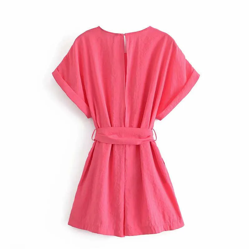 Za Summer Women Belted Kort Jumpsuit Kortärmad Vintage Rosa Playsuit Fashion Back Opening Woman Pleated Jumpsuits 210602