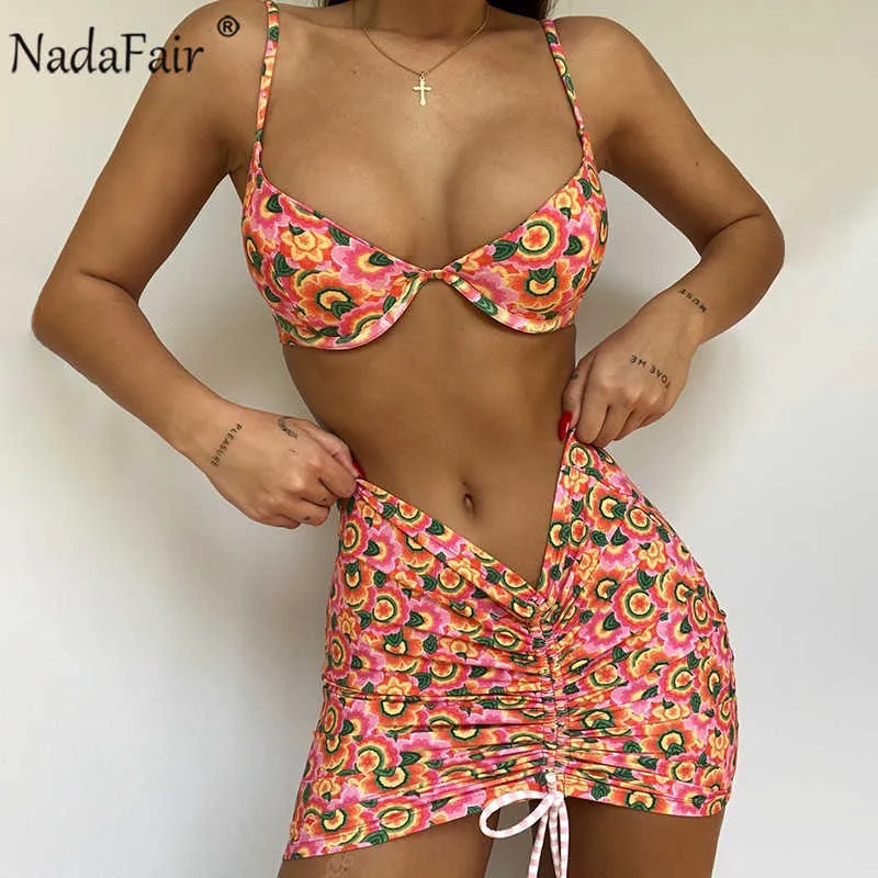 Nadafair floral mini vestido sets mulheres chique multi parte conjunto verão vestido de verão ruched backless sexy bodycon praia vestido y1006