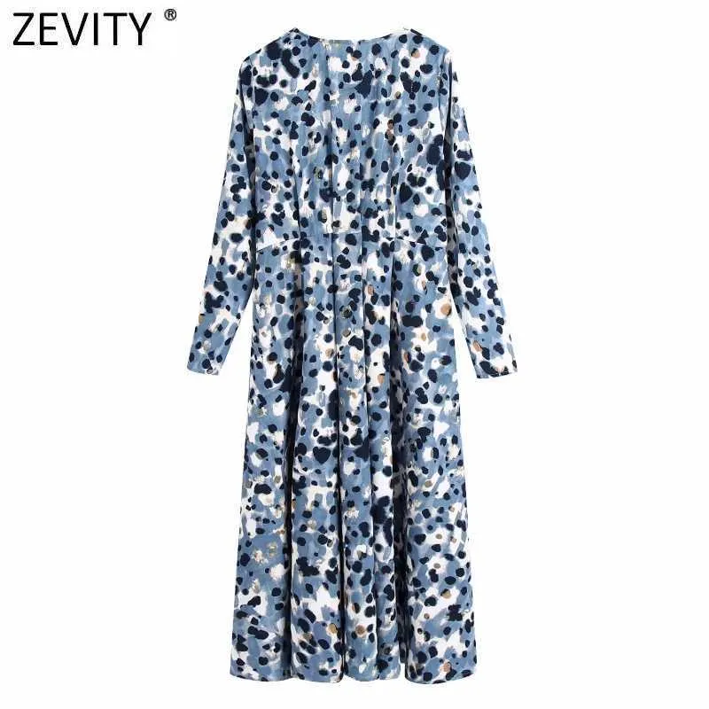 ZEVITY Kadınlar Zarif V Boyun Mürekkep Leopar Baskı Pileli Midi Elbise Femme Retro Uzun Kollu Iş Rahat Ince Vestido DS4811 210603