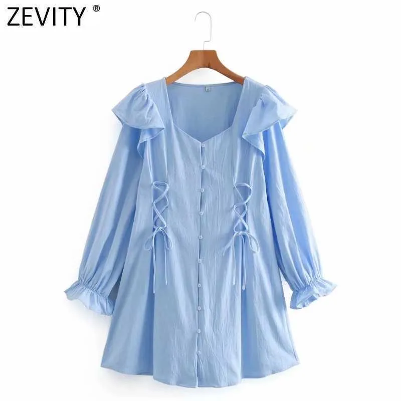 Zevity Women Sweet Ruffles Lace Up Sky Blue Shirt Dress Female Chic Pleats Single Breasted Party Vestido Clothes DS4985 210603