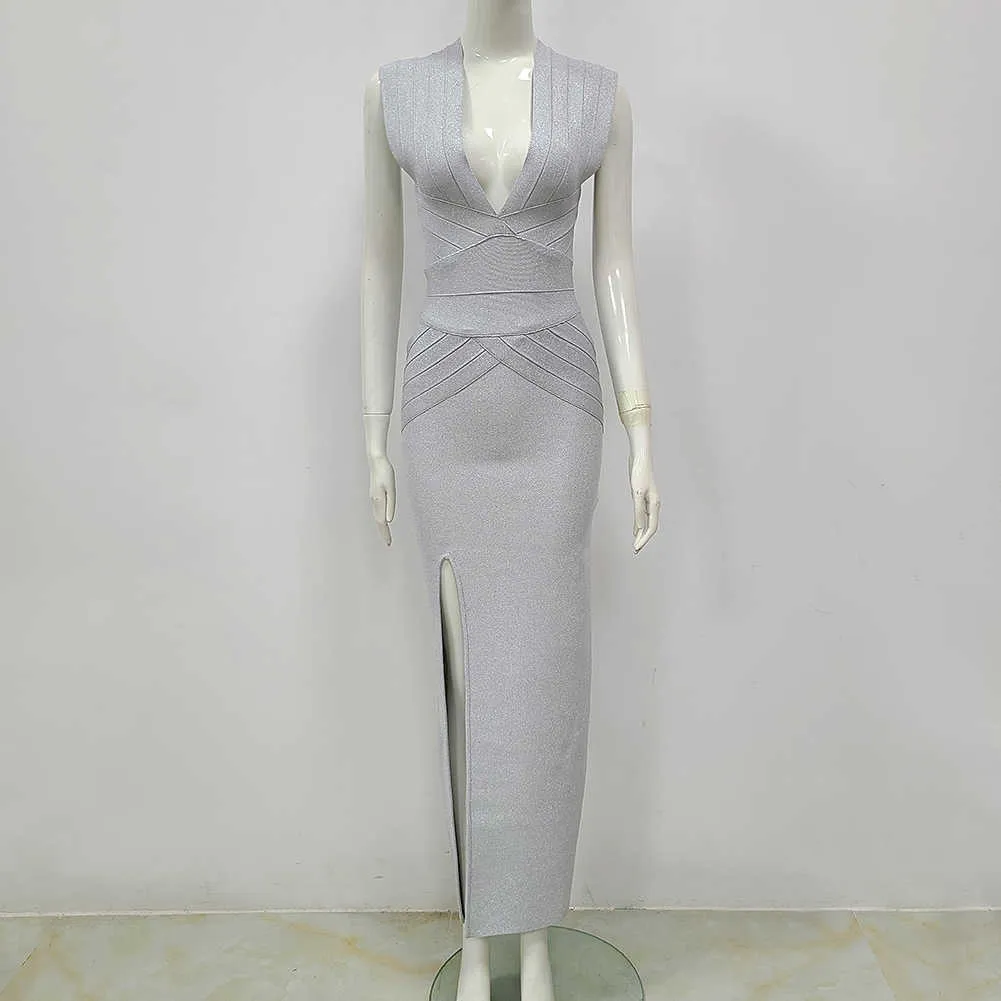 Frauen Hohe Qualität Grau V-ausschnitt Ärmellose Strumpfhosen Split Lange Rayon Verband Kleid Sexy Party Vestidos 210525