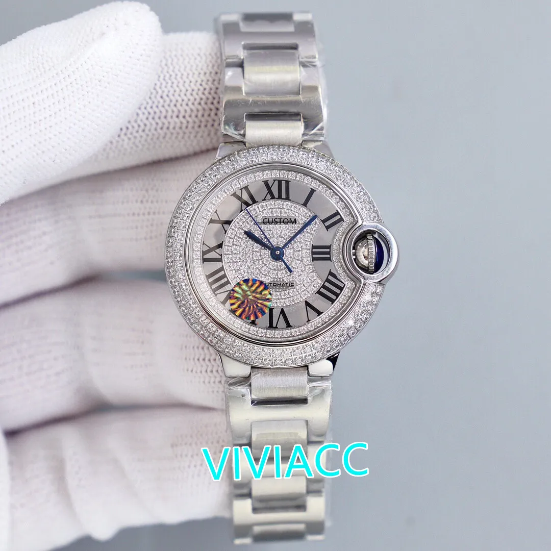 Gorgeous Yellow Gold Full crystal diamond watches Automatic Mechanical Roman Number watch Stainless Steel Sapphire clock 33mm