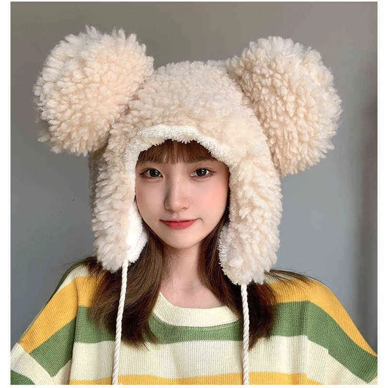 Mulheres inverno engrossar pelúcia quente earflap chapéu de urso bonito orelhas de gorro à prova de vento com cordão chin strap 211228