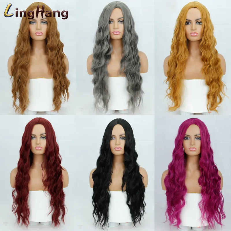 Pure Red Black Orange Color Long Water Wave Hairstyle Wigs For Women Synthetic Hair High Temperature Fiberfactory direct