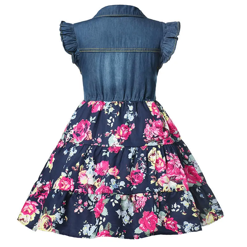 Girls Denim Floral Dress Summer Party Dress with Belt Children Flying Short Sleeve Casual Clothing Baby Girl Kids Fashion Outfit 210317