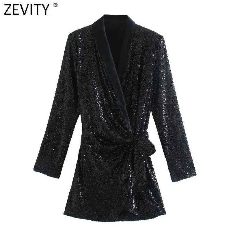 ZEVITY New Women Elegant Patcdhwork Lace Up Mini abito con paillettes Slim Office Lady Chic manica lunga Kimono Party Vestidos DS9209 Y1204