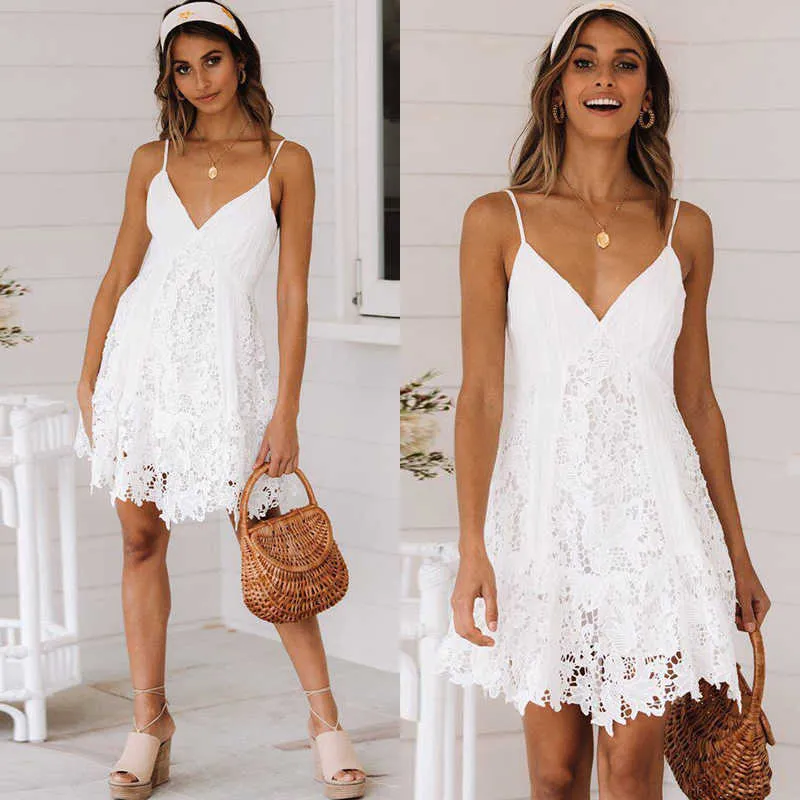 Anself Femmes Robe Sexy Col En V Évider À Manches Longues Mini Robe En Dentelle Élégant Blanc Boho Robe Casual Dentelle Robe Robe Femme 210915