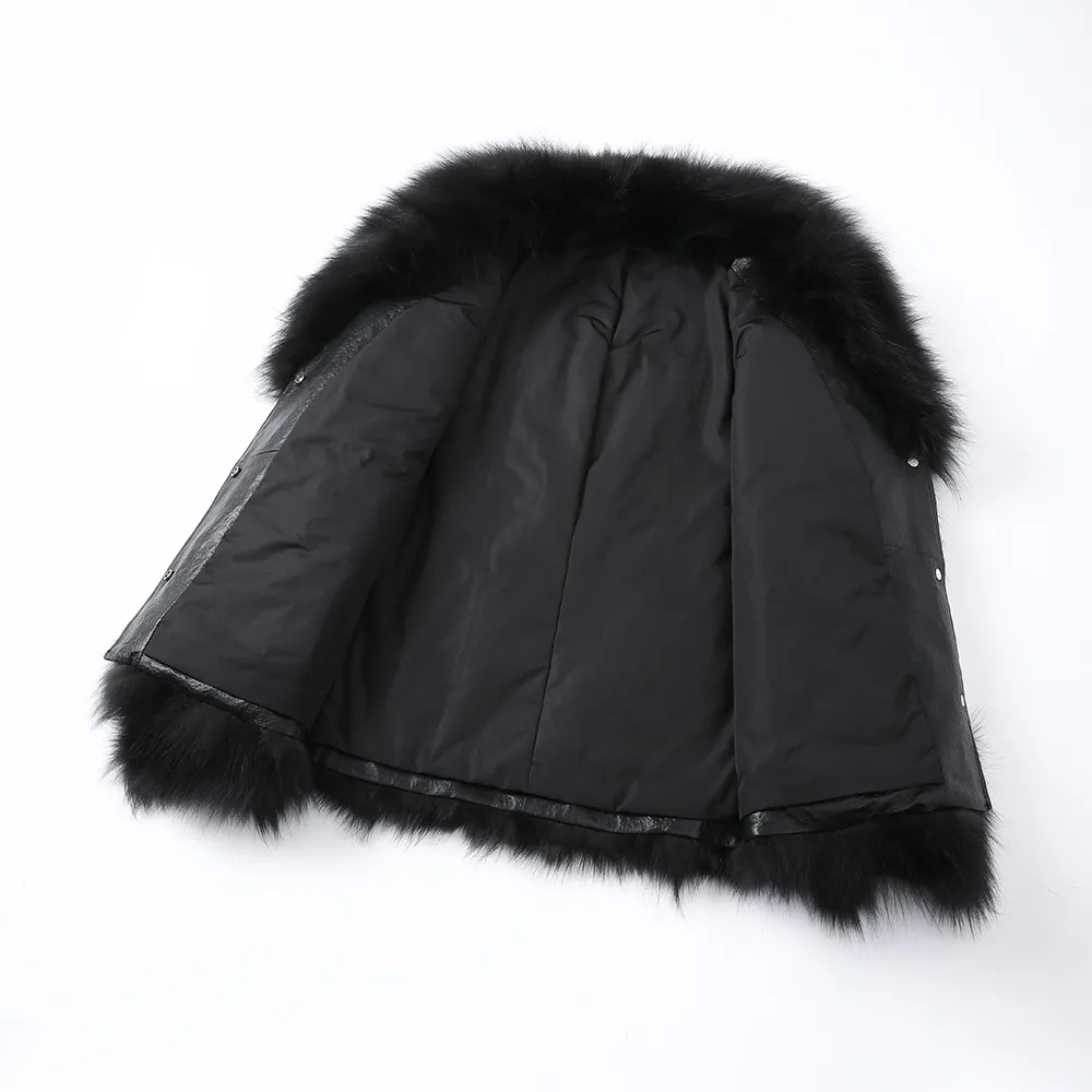 Moda Preto Jaqueta De Couro Mulheres Roupas Real Fox Fur Casacos Inverno Quente Senhora Outerwear Genuine Sheepskin S3504