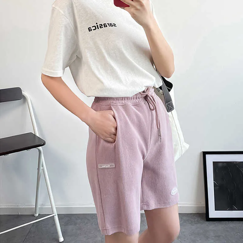 Sommer Hohe Taille Breite Bein Kurze Hosen Frauen Lila Knie Länge Kordelzug Koreanische Dünne Baumwolle Casual Lose Jogger Hosen 210925