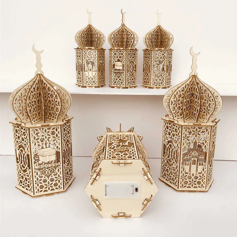 Eid de madeira decoração de mesa mubarak muçulmano artesanato luzes quentes lanterna ornamentos para eid muçulmano islam ramadan festa 210610227e