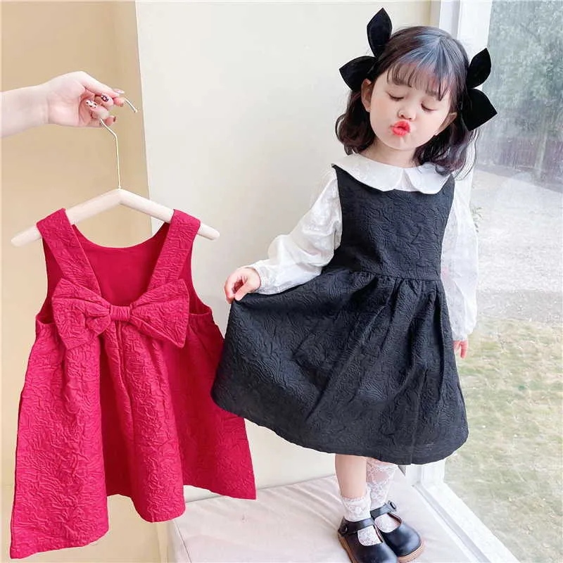Großhandel koreanischen Stil Frühling Mädchen Weste Kleider ärmellose einfarbige große Schleife Prinzessin Mädchen Kleidung E6028 210610