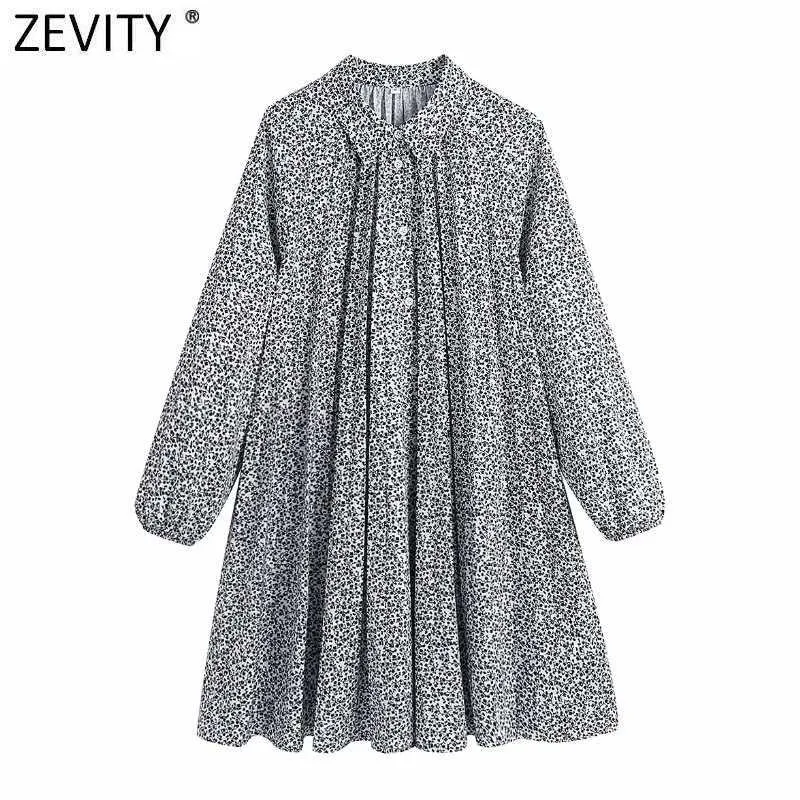 Zevity femmes Vintage imprimé fleuri plissé chemise robe Femme Chic col rabattu décontracté lâche affaires Mini Vestido DS5079 210603