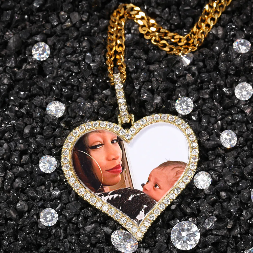 Custom Photos Necklace Fashion Gold Plated Memory Iced Out Heart Pendant Necklaces Mens Hip Hop Jewelry