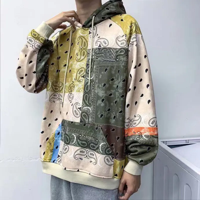 Sudaderas con capucha estampadas para hombre Harajuku Flor de anacardo Étnico Patchwork Streetwear Vibe Oversize Fleece Pareja Sudadera