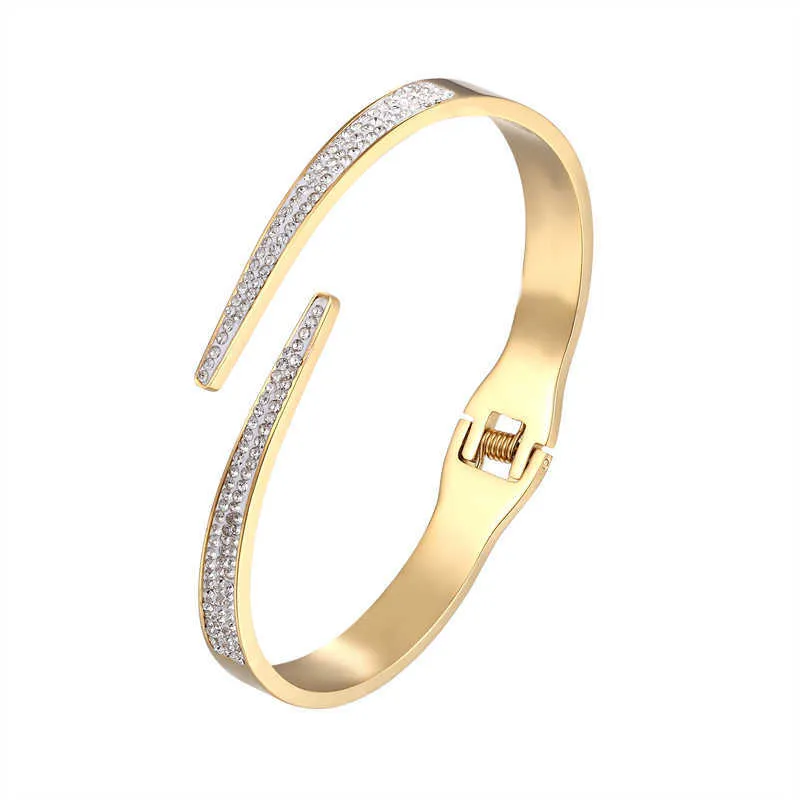 Klassische Luxus Offene Volle Zirkon Armreif für Frauen Edelstahl Gold Farbe Armband Armreif Liebe Schmuck Geschenk Pulseiras Q0719