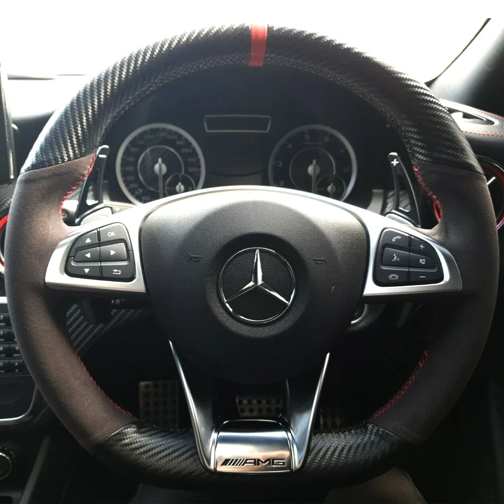 Czarna skórzana skórzana kierownica 3D z włókna węglowego na okładce dla Mercedes Benz S-Klasa S500 2016 AMG Klasa A45 16-19213S
