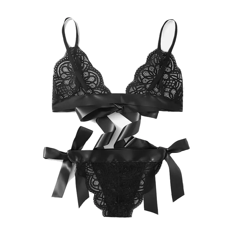 Röd underkläder sexig uppsättning spetsbåge kvinnor sömnkläder v hals transparent bh set ärmlösa intimat spetsbralette och trosor set286l