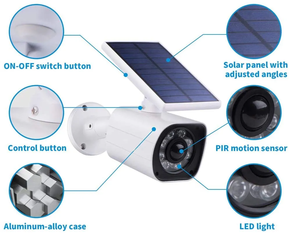 Solar-Flutlicht für den Außenbereich mit kabelloser Kamera für Veranda, Garten, Terrasse, Auffahrt, Bewegungsmelder, Solarleuchten, Dummy-Lockvogel, gefälschter Sicherheits-LED-Strahler