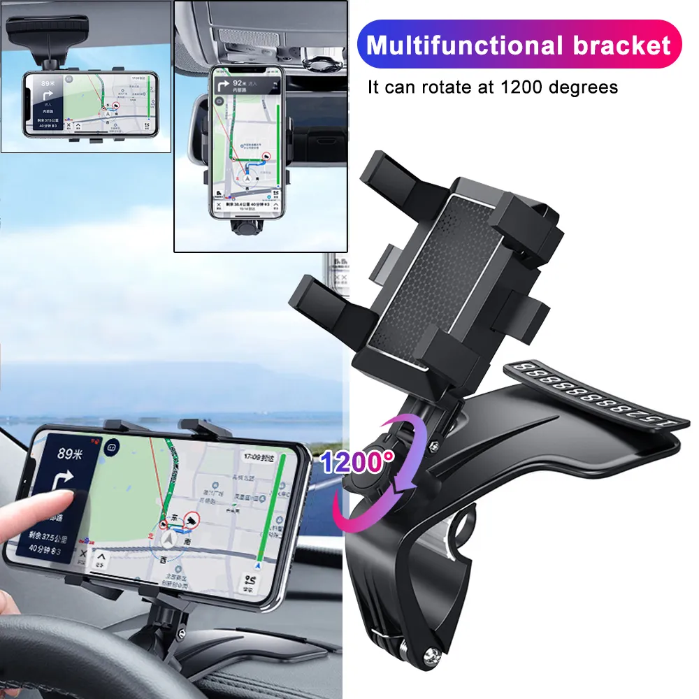 Bil Multifunktionell mobiltelefonfäste 360 ​​graders Sun Visor Mirror Dashboard Mount GPS Stativ Telefonhållare Parkeringskort233f