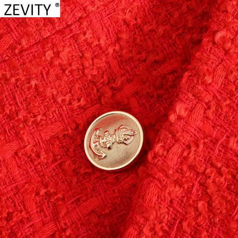 Zevity Women England Style Double Breasted Texture Tweed Woolen Blazer Coat Office Ladies Long Sleeve Red Suits Chic Tops CT696 210603