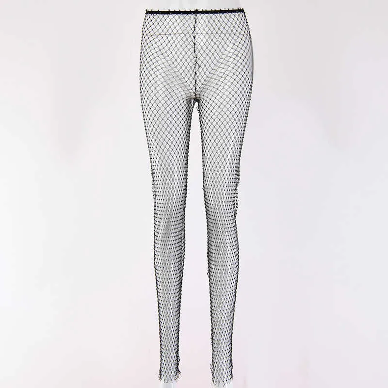 Crystal Diamond Mesh Pants Women Sexy Summer Hollow Out Transparent Loose Long Fishnet BeachWear Trousers 210607