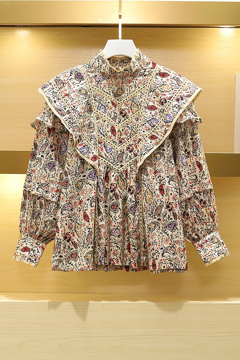 Potargana koszula z wycięciami damska koronkowa słodka dwuczęściowa bluzka z długim rękawem i stójką wczesna jesień 210225