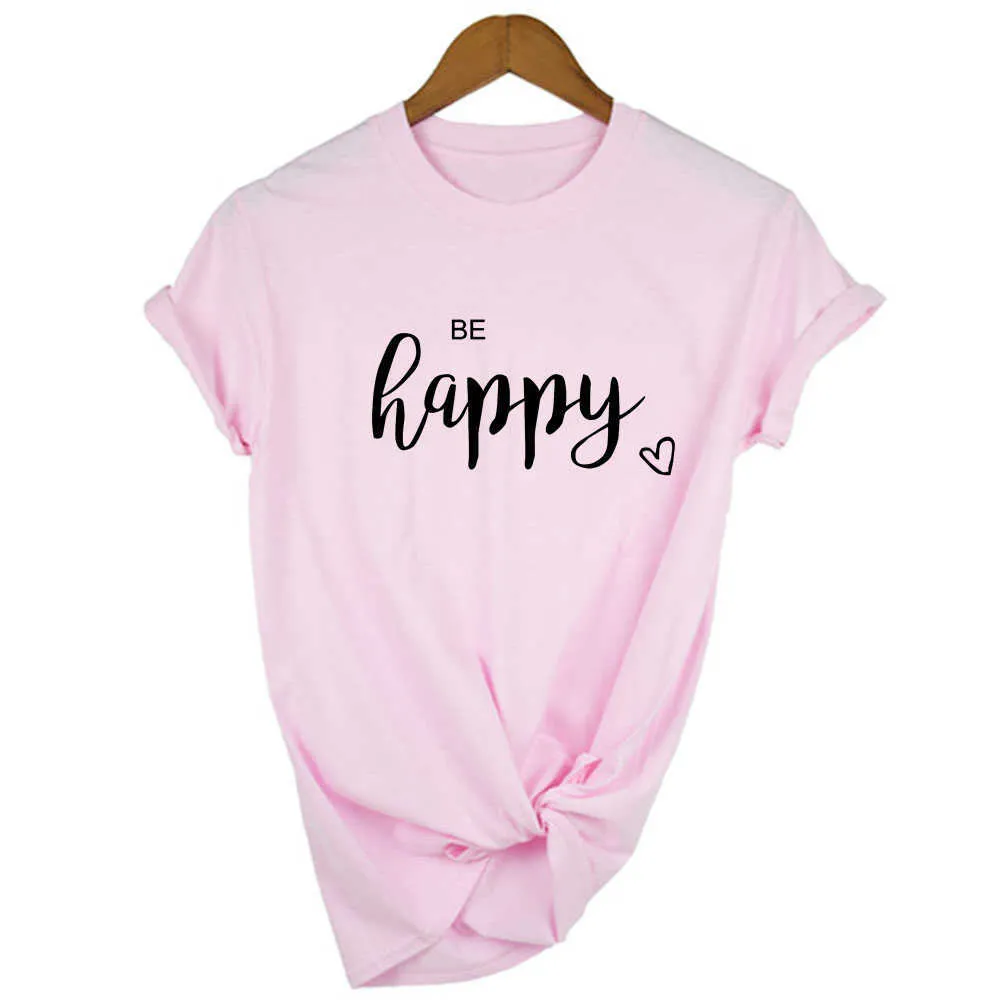 Be Happy Print Summer Femmes T-shirt à manches courtes Harajuku Tees Femme Esthétique Vintage Tops Camisas Mujer Tumblr Slogan Vêtements X0628