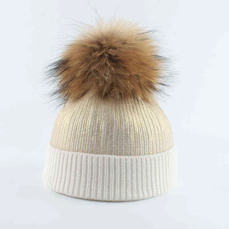 Chapeau d'hiver tricoté en laine pour enfants filles garçon or argent rose noir imprimé métallique bonnet véritable pompon de fourrure 2201057943680