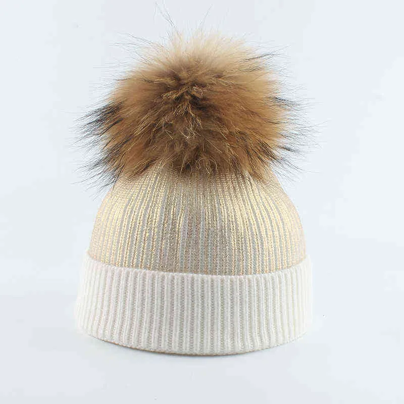 Wool Knitted Winter Hat For Kids Girls Boy Gold Silver Pink Black Metallic Print Beanie Real Fur Pompom 2201053552387