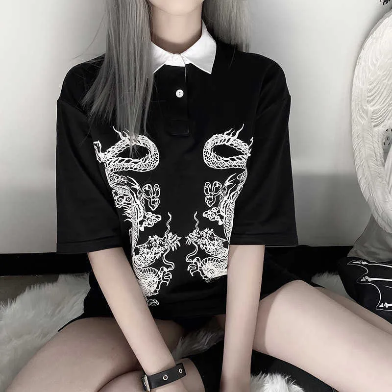 Mujer Camisetas Harajuku Punk Kobiety Odzież Dragon Drukuj Femme Koszulki Vintage Czarne Gotowe Ubrania Długie Luźne Topy 210720