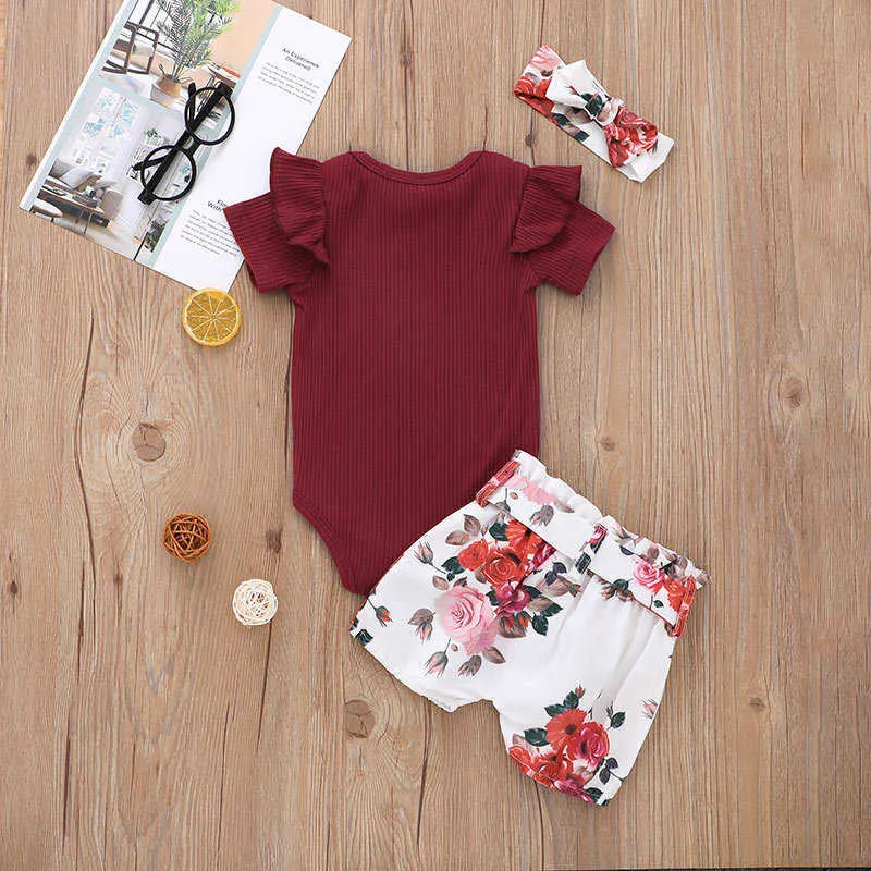 Sommer Kinder Sets Kurzarm O Neck Claret Solide Strampler Drucken Floral Shorts Nette 2 stücke Mädchen Jungen Kleidung Set 0-2T 210629