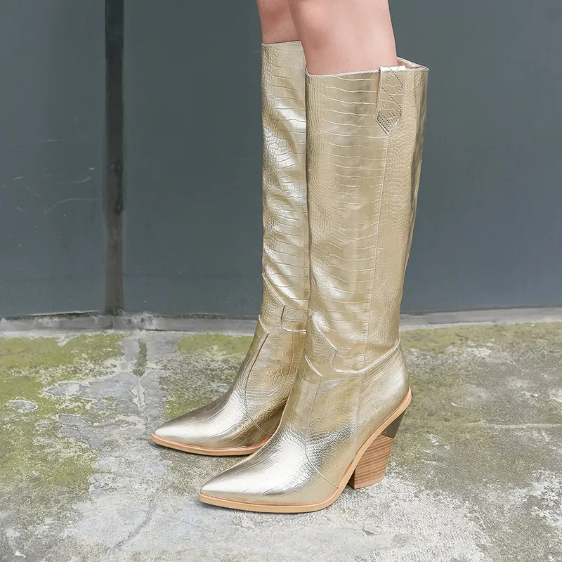 Winter New Gold silver Knee high Boots Women Pointy Toe Spike Kitten heels Winter Long High heels Knight Boots Cowboy boots