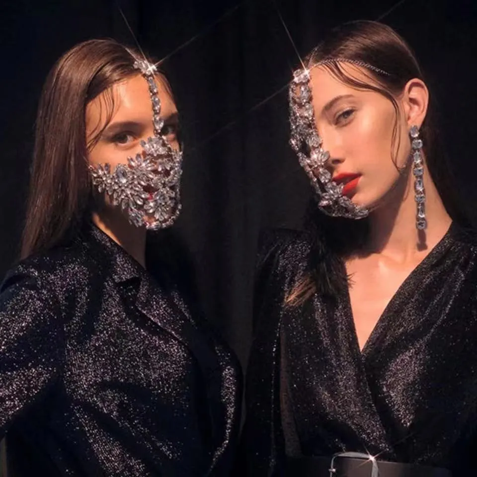Moda Avrupa ve Amerikan kadın Cadılar Bayramı Gizem Tam Yüz Yarım Maske Zirkon Takı Kız Bling Kristal Dans ACCE