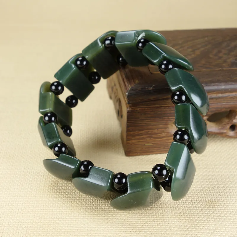 Pulsera de jade verde negro hetian natural, cuentas de brazalete, pulseras de jade jade, joyería de jade, pulsera de Navidad 19*18mm