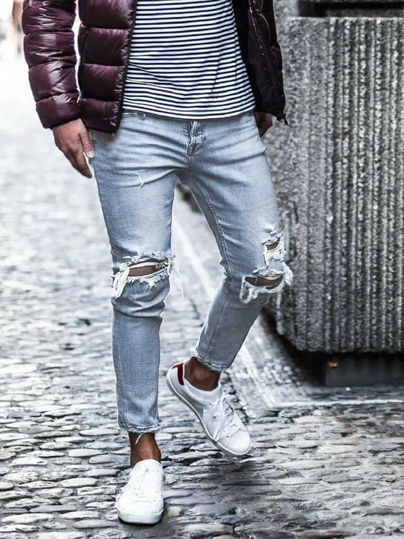 Европейская и американская улица мода бренд джинсы мужские секс морщины тонкие леггинсы значок сломанные дыра модные джинсы x0621
