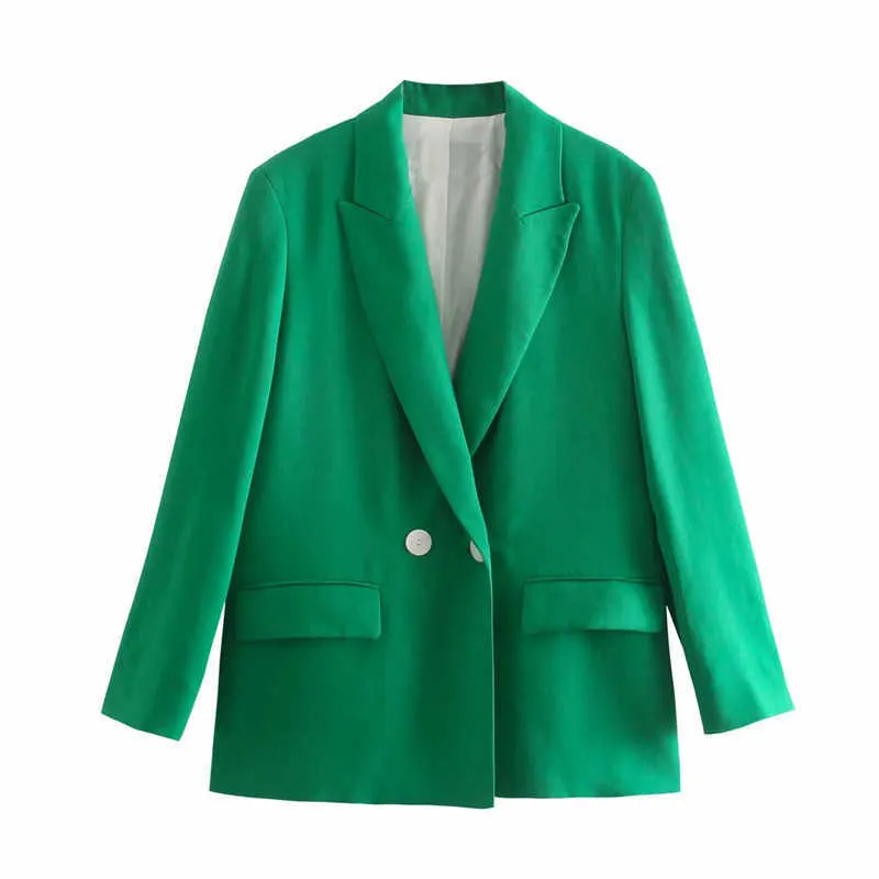 TRAF Za Vert Blazer Femmes Double Boutonnage Femme Printemps Longue Veste Bureau Femme Costume Élégant Manches s 211006