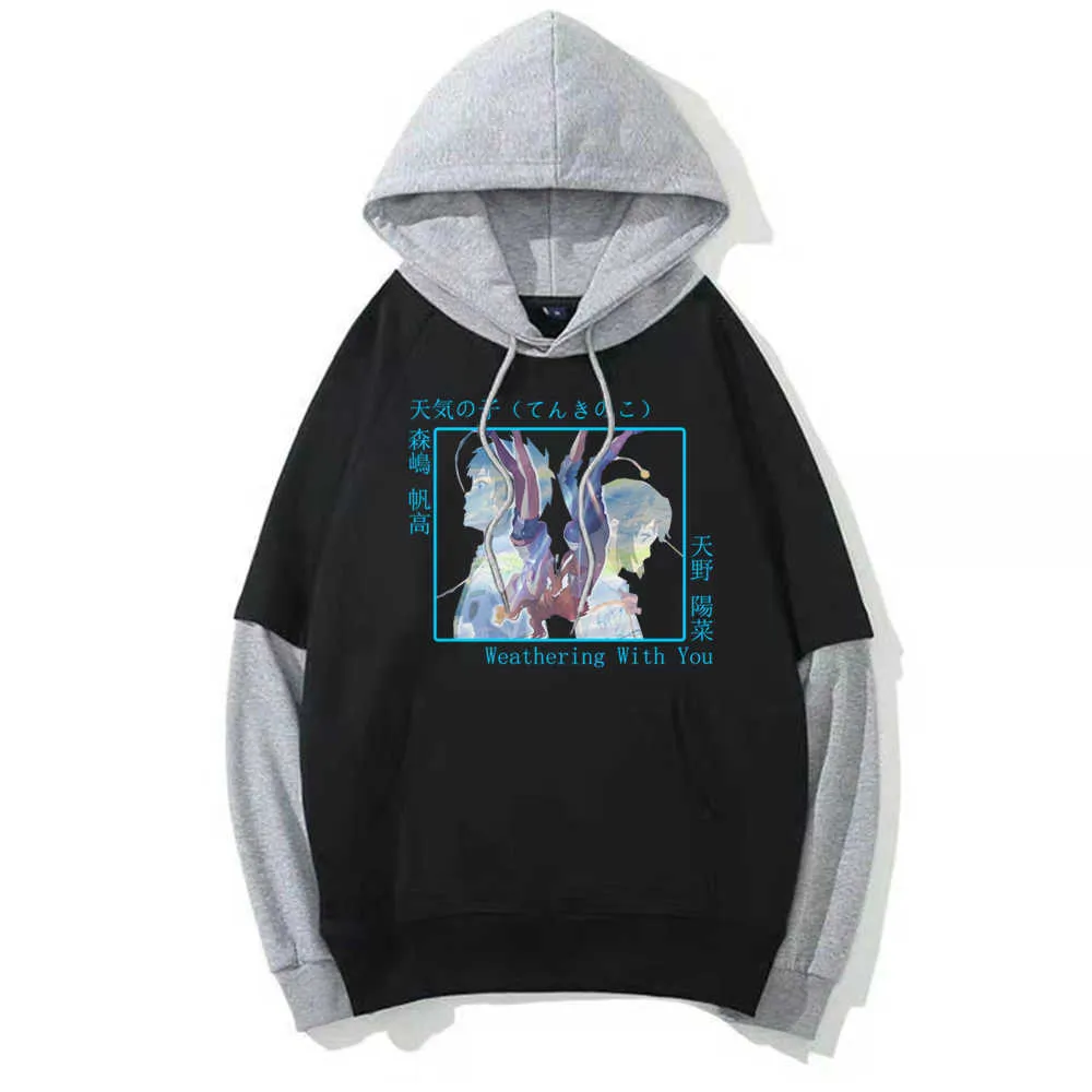 2021 Japan Weathering With You Cute Amano Print Loog Sleeve Fake Två bitar Hoodie Sweatshirt Enkel klassiker H0910