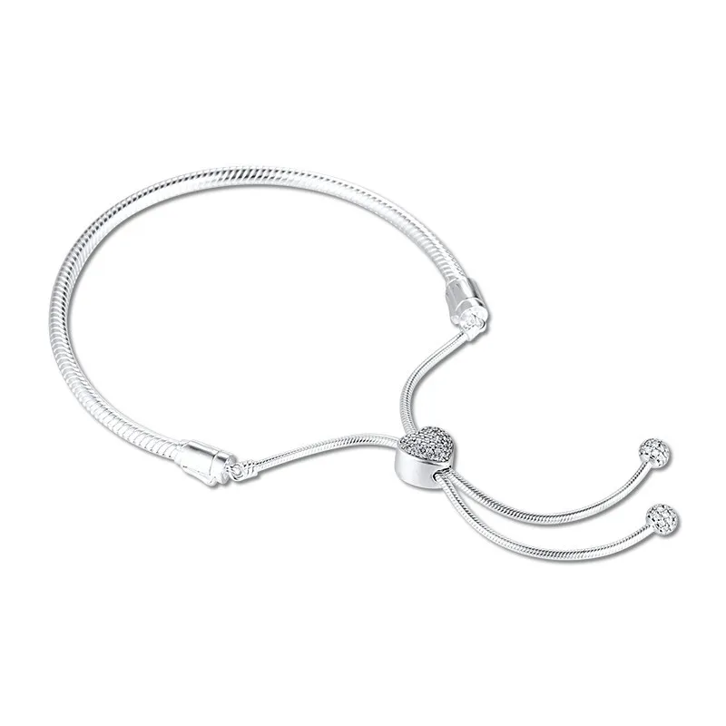 Bransoletki damskie 2020, pulseras de plata de ley 925 para mujer, pulsera deslizante de corazón con piedras pavimentadas, joyería de cadena ajustable