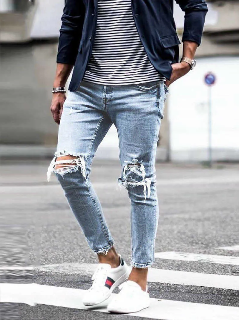 Europeu e americano rua moda marca jeans homens sexo masculino magro leggings distintivo buraco quebrado jeans na moda x0621