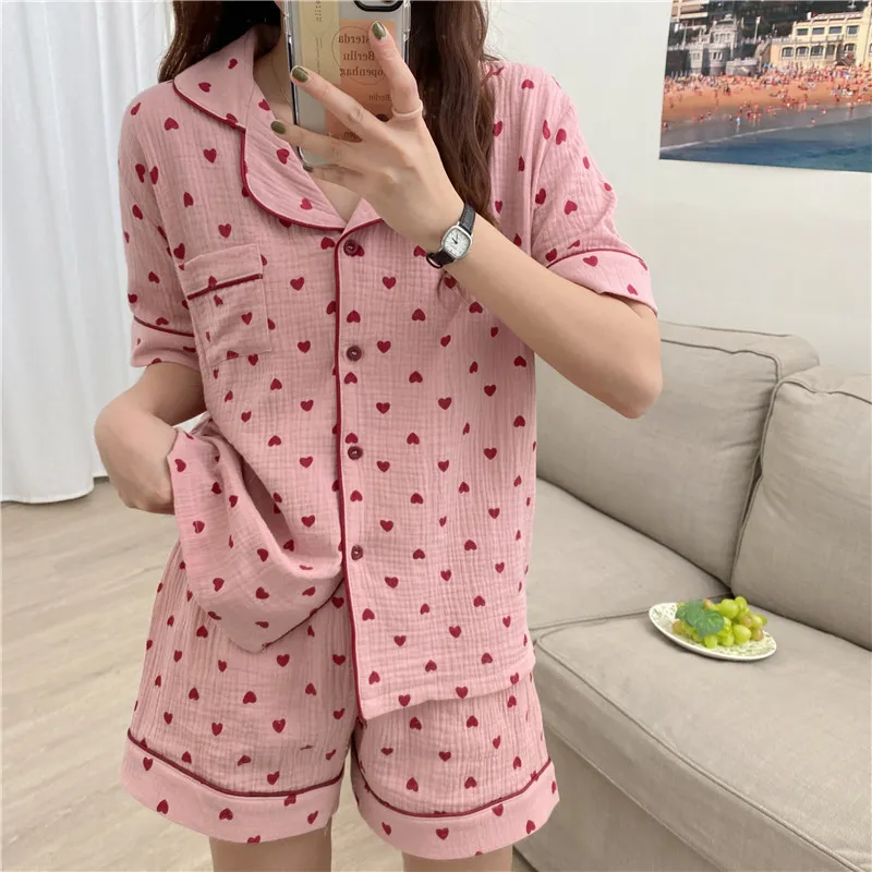 Sommar kort All Match Pyjamas Söt Nightwear Printing Chic Casual HomeWear Loose Bomull Två Piece Suit Sets 210525