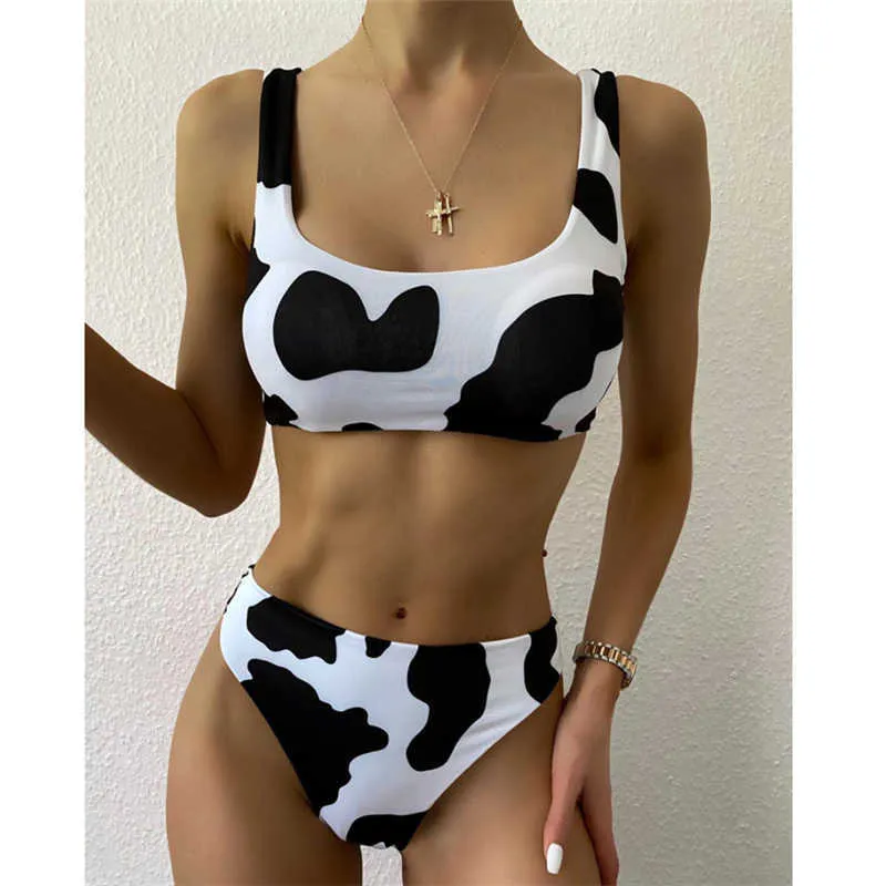 GNIM High Waist Cow Print Swimsuit Women Bikini Mujer Summer Brazilian Bathing Suit Two Pieces Beachwear Swimwear 210629