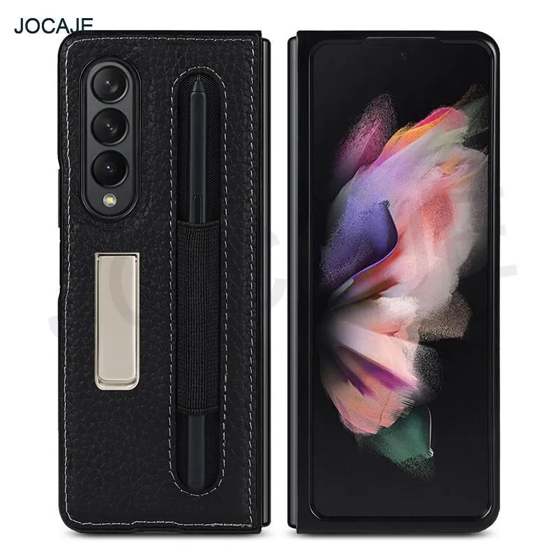 Galaxy Z fold 3 5g mobile phone case with pen holder litchi pattern 3layer real leather2037422